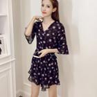 Elbow-sleeve Flower Print Playsuit