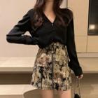 Plain V-neck Blouse / Print High-waist Mini Skirt
