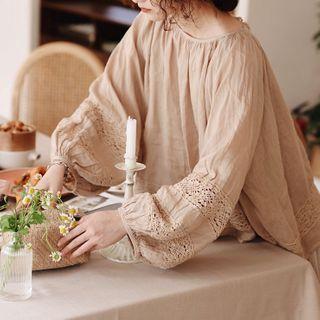 Lace-trim Puff-sleeve Blouse Light Khaki - One Size