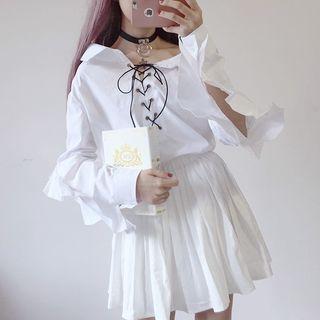 Long-sleeve Lace-up Shirt White - One Size