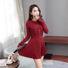 Button Pleated Knit Mini Dress
