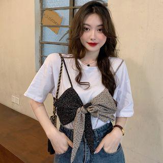 Mock Two-piece Short-sleeve Floral Ribbon T-shirt