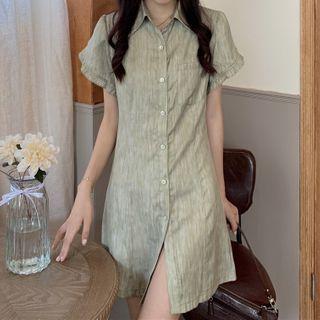 Short-sleeve Mini Sheath Shirtdress Green - One Size