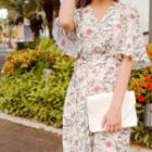 Elbow-sleeve V-neck Floral A-line Dress With Sash