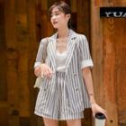 Set: Elbow-sleeve Striped Double Breasted Blazer + Shorts