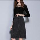 Set: Long-sleeve Lace Panel Top + Striped A-line Skirt