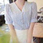 Layered-collar Puff-sleeve Stripe Blouse