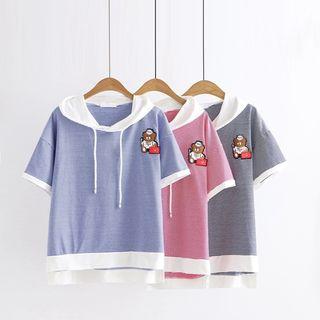 Short-sleeve Hooded Bear Applique T-shirt