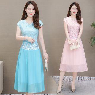 Mock Two-piece Cap-sleeve Embroidered A-line Midi Dress