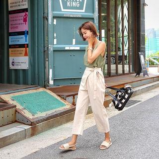 Sash-waist Wide-leg Linen Blend Pants