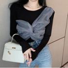 Long-sleeve Knotted Mesh Panel T-shirt