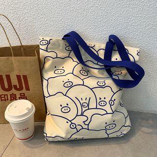 Print Canvas Tote Bag Pig - Almond - One Size