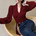 Collared Tie-strap Knit Crop Top Red - One Size