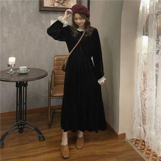 Flared-cuff Lace Trim Midi A-line Dress Black - One Size