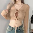 Set: Long-sleeve Cut-out Crop Top + Camisole Top
