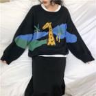 Giraffe Print Sweater / Long-sleeve T-shirt / Midi A-line Skirt