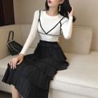 Color-block Long-sleeve Slim-fit T-shirt / Plain Ruffle Skirt