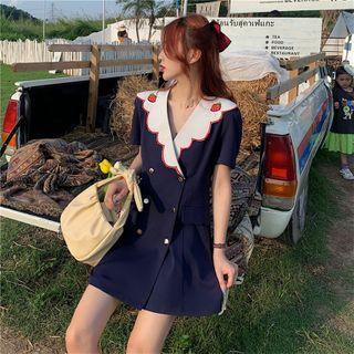 Short-sleeve Double-breasted Strawberry Embroidered A-line Dress