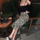 Leopard Print Midi Pencil Skirt Black Leopard - Almond - One Size