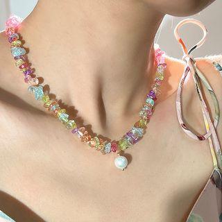 Freshwater Pearl Pendant Faux Crystal Choker Choker - Orange & Purple & Pink - One Size