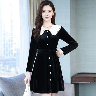 Long-sleeve Button-detail Mini A-line Velvet Dress