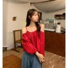 Long-sleeve Off-shoulder Embroidered Top Red - One Size