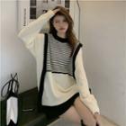 Mock Two-piece Two-tone Striped Knit Top Almond - One Size