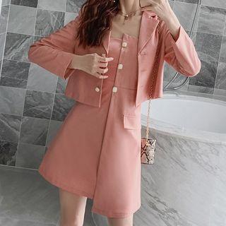 Set: Single-breasted Cropped Blazer + Spaghetti Strap Mini A-line Dress
