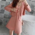 Set: Single-breasted Cropped Blazer + Spaghetti Strap Mini A-line Dress