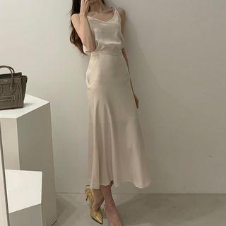 Set: Spaghetti Strap Satin Top + A-line Midi Skirt