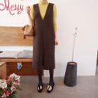 Sleeveless Slit-front Jumper Dress Brown - One Size