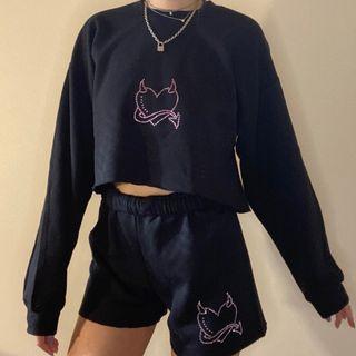 Heart Rhinestone Long Sleeve Round Neck Sweatshirt