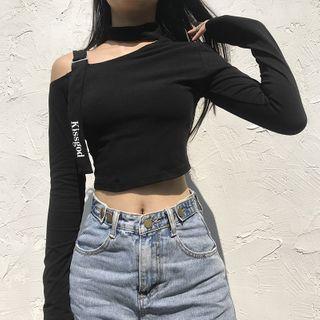 Cutout Shoulder Long-sleeve Crop Top