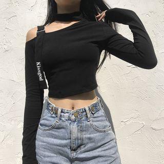 Cutout Shoulder Long-sleeve Crop Top