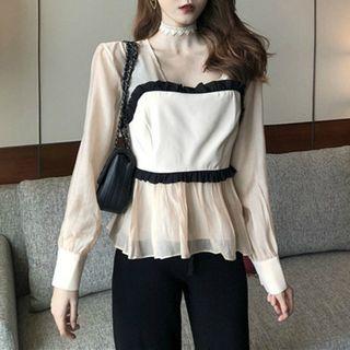 Mock Two-piece Chiffon Blouse Top - One Size