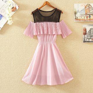 Cold Shoulder Embellished Pleated Chiffon Dress
