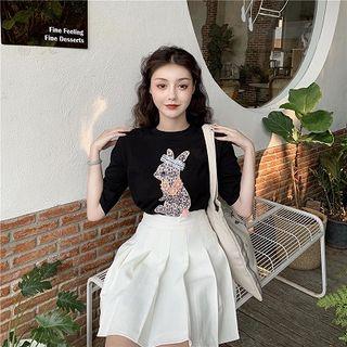 Picture Embroidered Short-sleeve Top / High-waist Pleated Skirt / Plain High-waist Skirt