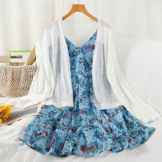 Set: Spaghetti-strap Floral Print Mini A-line Dress + Jacket