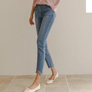 Cutout Fringe-hem Slim-fit Jeans