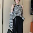 Long-sleeve Cold-shoulder Striped T-shirt / Midi Pencil Skirt