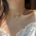 Faux Pearl & Bow Double Layer Choker Necklace Gold - One Size