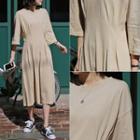 Elbow-sleeve Pleated-waist Long Dress