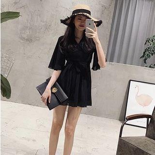 Elbow-sleeve V-neck Waist-tied Dress