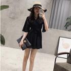 Elbow-sleeve V-neck Waist-tied Dress