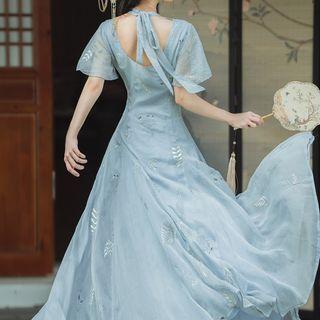 Short-sleeve Embroidered Maxi A-line Qipao Dress