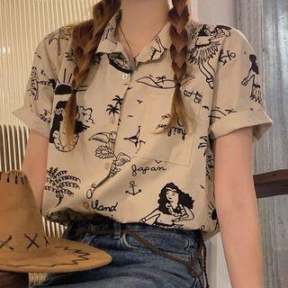 Elbow-sleeve Print Shirt Black Printed - Grayish Almond - One Size