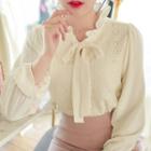 Frilled Tie-neck Lace-panel Blouse