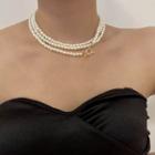 Geometric Alloy Pendant Faux Pearl Layered Necklace Type A - White - One Size