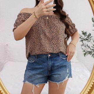 Plus Size Short-sleeve Off-shoulder Leopard Print Top