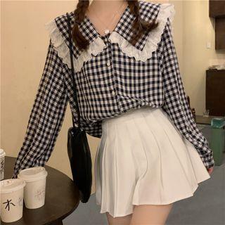 Lace Trim Peter Pan Collar Plaid Long-sleeve Shirt Black & White - One Size
